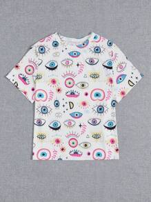 SHEIN EZwear 大碼眼睛圖案T恤 - 白色 - 查看 5