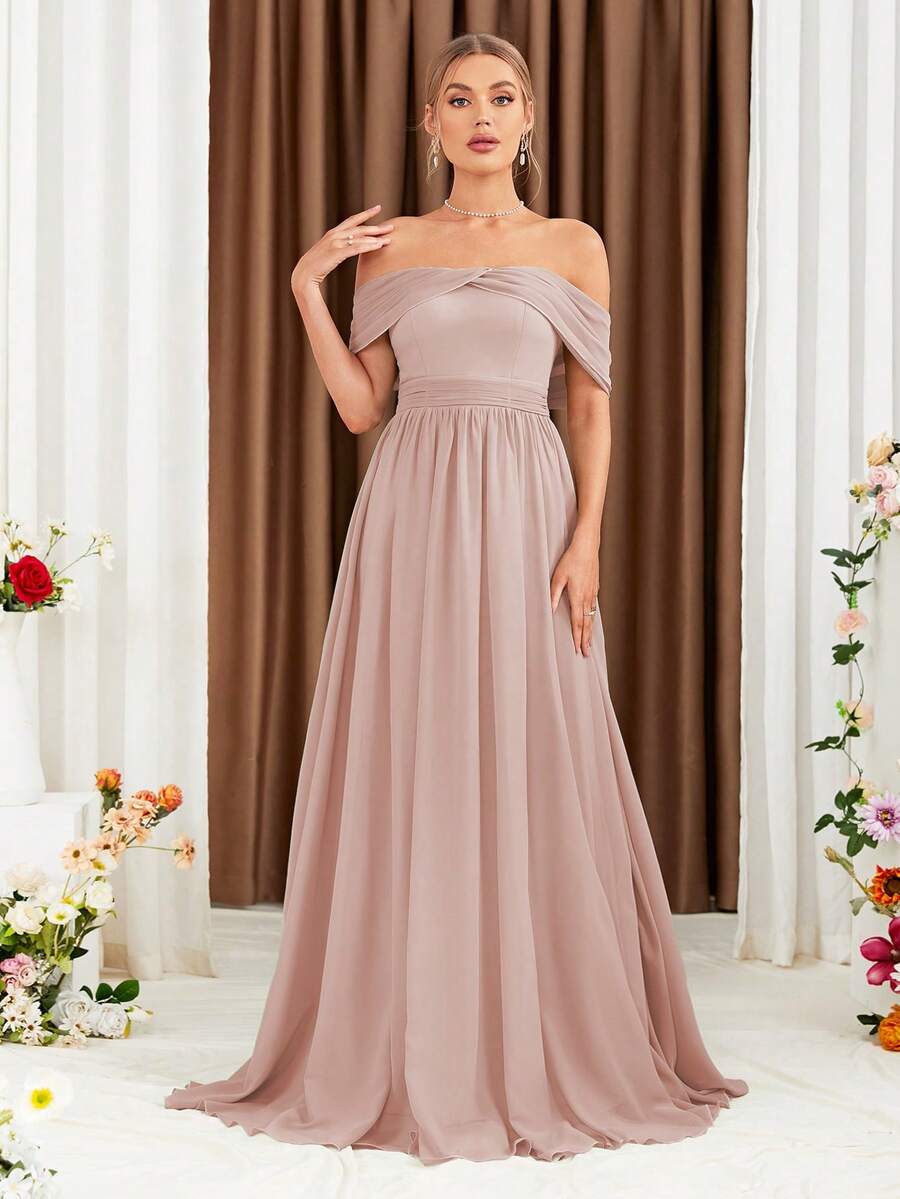 Off Shoulder Ruched Chiffon Bridesmaid Dress - Dusty Pink - View 1
