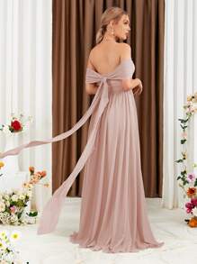 Off Shoulder Ruched Chiffon Bridesmaid Dress - Dusty Pink - View 2