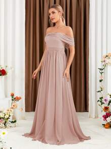 Off Shoulder Ruched Chiffon Bridesmaid Dress - Dusty Pink - View 5