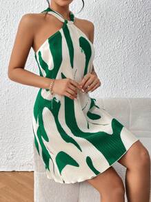 Firerie 女士优雅度假休闲返校百褶露背迷你连衣裙，夏季海滩女士鸡尾酒会礼服短款套装 - 綠色 - 查看 5