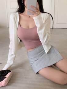 DAZY Solid Crop Jacket Without Cami Top,Fall Clothes - Apricot - View 4