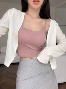 DAZY Solid Crop Jacket Without Cami Top,Fall Clothes - Apricot - View 3