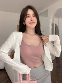 DAZY Solid Crop Jacket Without Cami Top,Fall Clothes - Apricot - View 8