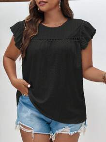 SHEIN Frenchy Plus Eyelet Embroidery Ruffle Trim Butterfly Sleeve Tee - Black - View 1
