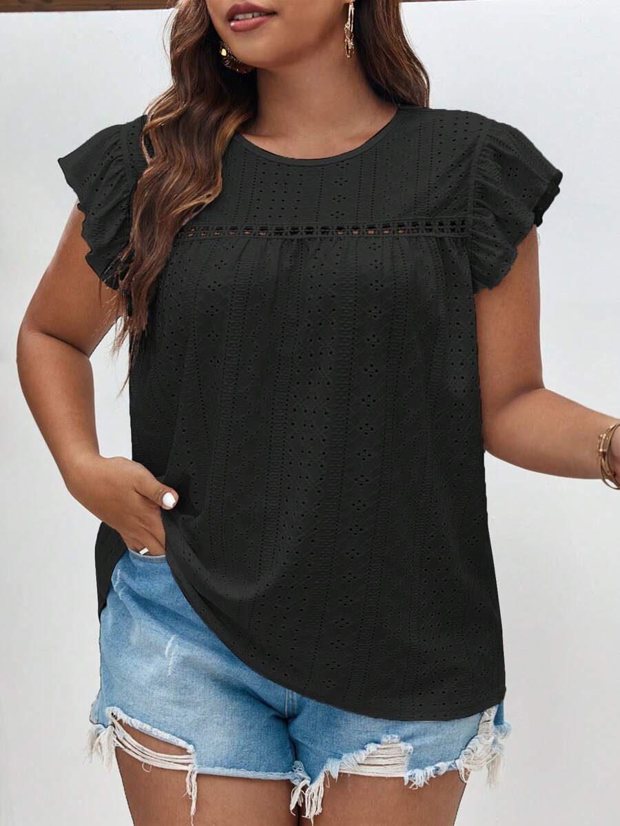 SHEIN Frenchy Plus Eyelet Embroidery Ruffle Trim Butterfly Sleeve Tee - Black - View 1