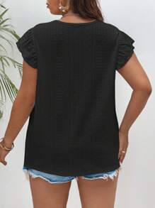SHEIN Frenchy Plus Eyelet Embroidery Ruffle Trim Butterfly Sleeve Tee - Black - View 2
