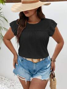SHEIN Frenchy Plus Eyelet Embroidery Ruffle Trim Butterfly Sleeve Tee - Black - View 4