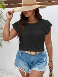 SHEIN Frenchy Plus Eyelet Embroidery Ruffle Trim Butterfly Sleeve Tee - Black - View 6
