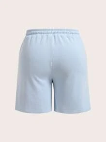 SHEIN BASICS Talla grande Shorts unicolor de cintura con cordón - Celeste - Ver 2