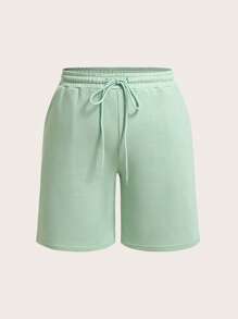 SHEIN BASICS Hơn Chất rắn Eo dây rút Quần short - Màu xanh Bạc hà - Xem 1