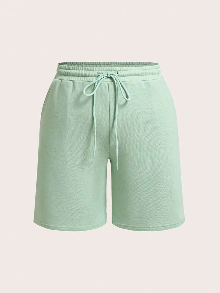 SHEIN BASICS Hơn Chất rắn Eo dây rút Quần short - Màu xanh Bạc hà - Xem 1