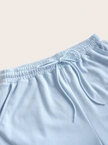 SHEIN BASICS Talla grande Shorts unicolor de cintura con cordón - Celeste - Ver 4
