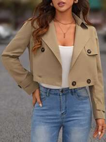 SHEIN LUNE Đôi ngực Mùa vụ Áo khoác Trench - Màu Khaki - Xem 1