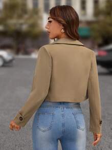 SHEIN LUNE Đôi ngực Mùa vụ Áo khoác Trench - Màu Khaki - Xem 2