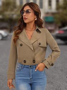 SHEIN LUNE Đôi ngực Mùa vụ Áo khoác Trench - Màu Khaki - Xem 3