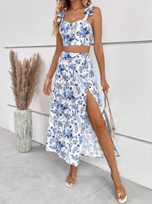 SHEIN VCAY Floral Print Tie Shoulder Cami Top & Split Thigh Skirt - Baby Blue - View 3