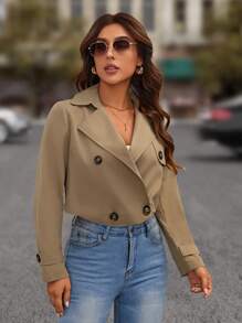 SHEIN LUNE Đôi ngực Mùa vụ Áo khoác Trench - Màu Khaki - Xem 6
