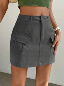 Muchica Flap Pocket Side Cargo Skirt - Grey - View 1