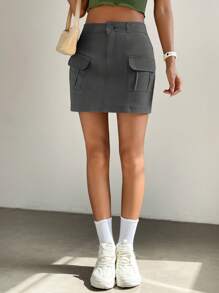 Muchica Flap Pocket Side Cargo Skirt - Grey - View 3