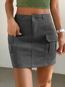 Muchica Flap Pocket Side Cargo Skirt - Grey - View 5