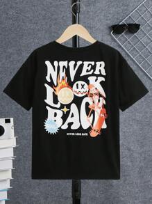 SHEIN Leap Crew Round Neck Printed Slogan And Cartoon Pattern T-Shirt For Tween Boys - Black - View 1