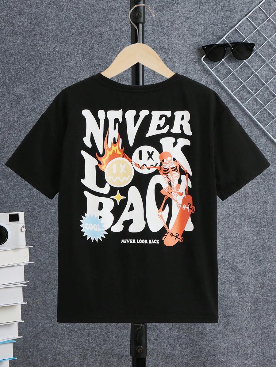 SHEIN Leap Crew Round Neck Printed Slogan And Cartoon Pattern T-Shirt For Tween Boys - Black - View 1