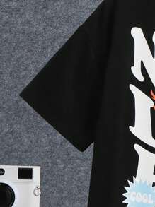 SHEIN Leap Crew Round Neck Printed Slogan And Cartoon Pattern T-Shirt For Tween Boys - Black - View 3