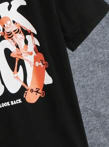 SHEIN Leap Crew Round Neck Printed Slogan And Cartoon Pattern T-Shirt For Tween Boys - Black - View 5