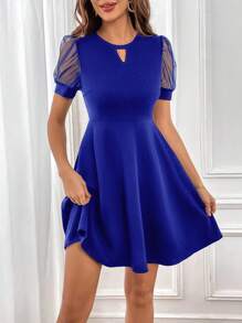 SHEIN Privé Keyhole Neckline Contrast Mesh Puff Sleeve Dress - Royal Blue - View 1