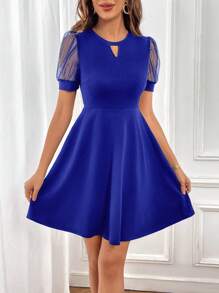 SHEIN Privé Keyhole Neckline Contrast Mesh Puff Sleeve Dress - Royal Blue - View 3