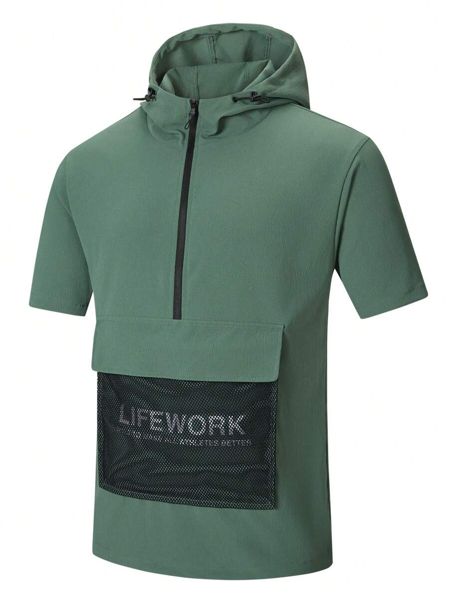 Manfinity Sport Corelite Nam Đồ họa Chữ cái Túi có nắp Một nửa khóa kéo áo có mũ Áo thun thể thao - màu xanh lá - Xem 1