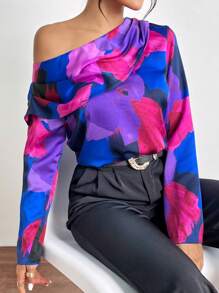 SHEIN Privé Blusa con estampado de cuello asimétrico - Multicolor - Ver 3