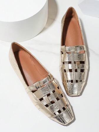 金屬質感鏤空方頭平底樂福鞋