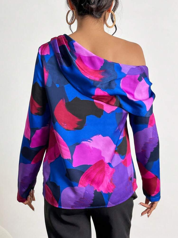 Allover Print Asymmetrical Neck Blouse