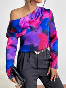 SHEIN Privé Blusa con estampado de cuello asimétrico - Multicolor - Ver 1