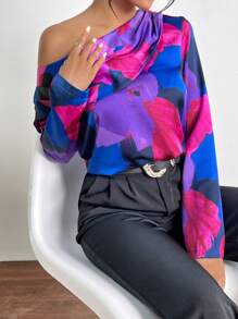 SHEIN Privé Blusa con estampado de cuello asimétrico - Multicolor - Ver 4