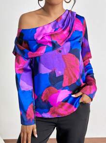SHEIN Privé Blusa con estampado de cuello asimétrico - Multicolor - Ver 5
