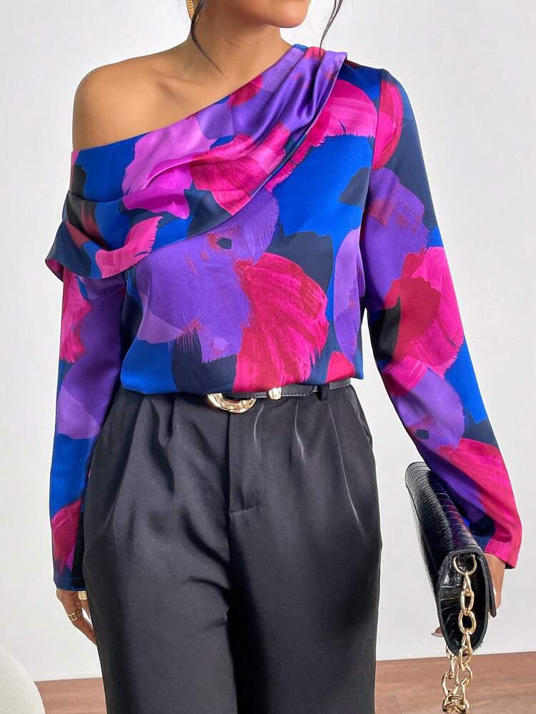 Allover Print Asymmetrical Neck Blouse