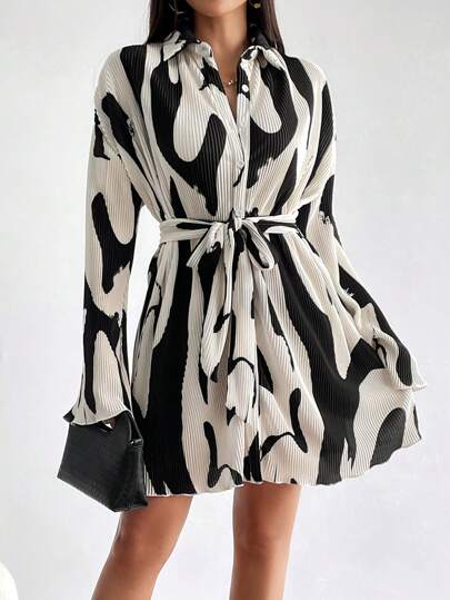 SHEIN Essnce Allover Print Belted Shirt Dress,Ladies Casual Belted,Button Long Sleeve Shirt Collar Loose Short Multicolor Flare Sleeve All Over Print Shirt Women Short Dresses,Spring/Fall,Casual Daily Wear