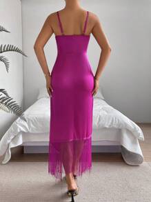 SHEIN LUNE 素色流蘇邊圍裹下擺吊帶連衣裙 - 中紫紅色 - 查看 2