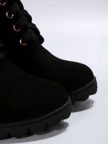 Women's Fashion Buckle Decoration Front Lace-up Chunky Heel Boots - Black - View 3