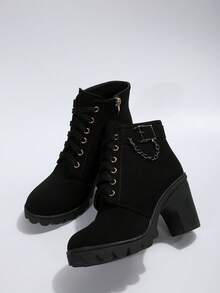 Women's Fashion Buckle Decoration Front Lace-up Chunky Heel Boots - Black - View 4