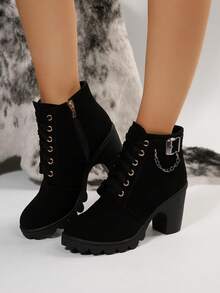 Women's Fashion Buckle Decoration Front Lace-up Chunky Heel Boots - Black - View 5
