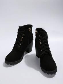 Women's Fashion Buckle Decoration Front Lace-up Chunky Heel Boots - Black - View 6