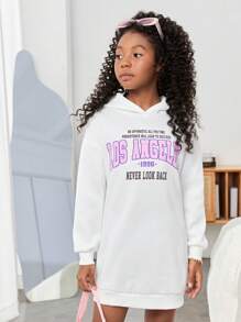 SHEIN Chica preadolescente Vestido con capucha con estampado de slogan de hombros caídos - Blanco - Ver 3