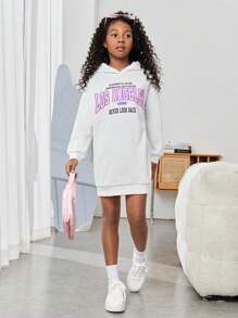 SHEIN Chica preadolescente Vestido con capucha con estampado de slogan de hombros caídos - Blanco - Ver 4