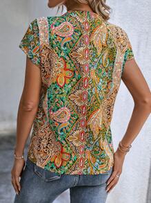 SHEIN LUNE 佩斯利印花缺口領蝙蝠袖襯衫 - 綠色 - 查看 3