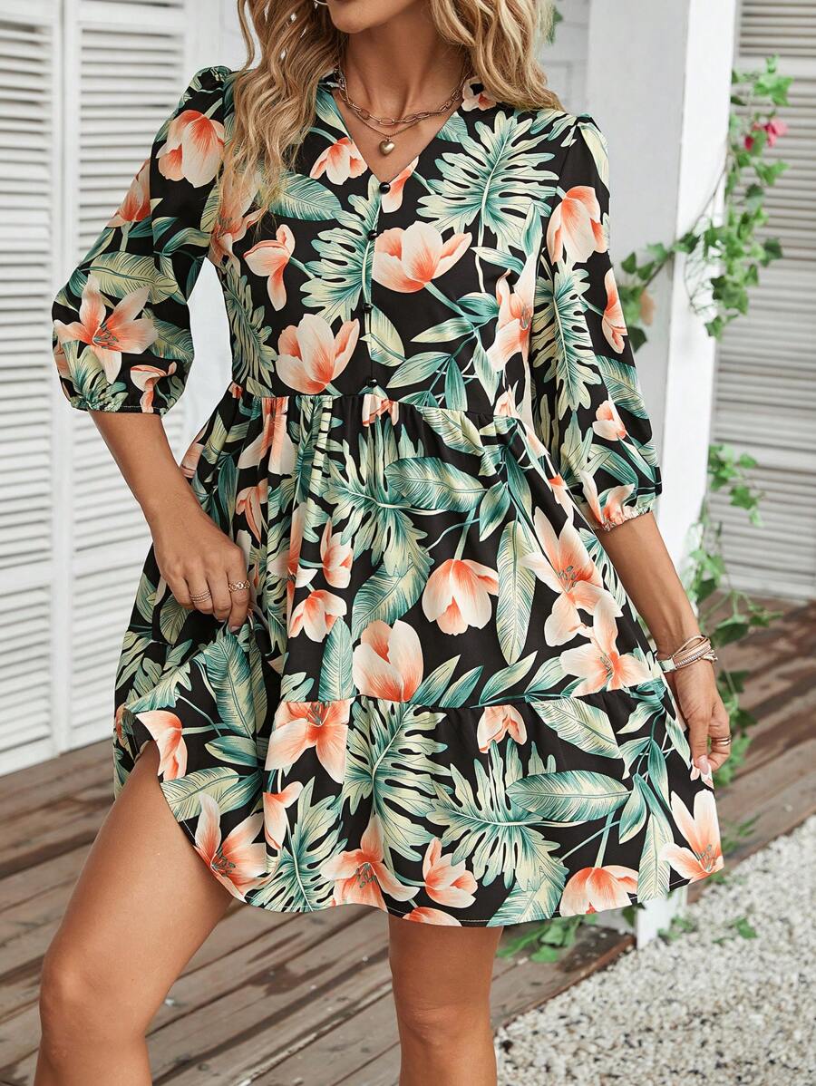 SHEIN VCAY Tropical Print Lantern Sleeve Smock Dress - Multicolor - View 1