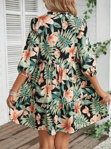 SHEIN VCAY Tropical Print Lantern Sleeve Smock Dress - Multicolor - View 2